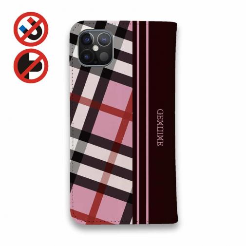 【Genuine】【手帳型ベルトなし】【Stick Case】チェック柄　ピンク＆ブラウン