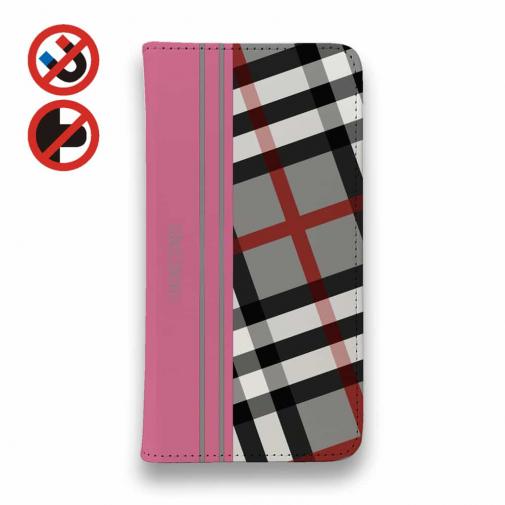 【Genuine】【手帳型ベルトなし】【Stick Case】チェック柄 グレー&ピンク