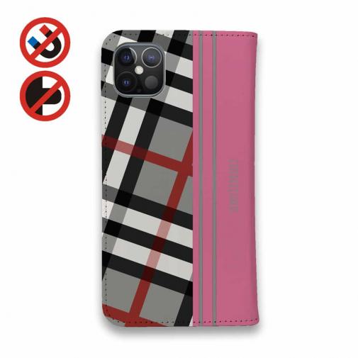 【Genuine】【手帳型ベルトなし】【Stick Case】チェック柄　グレー＆ピンク