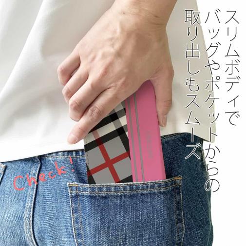 【Genuine】【手帳型ベルトなし】【Stick Case】チェック柄　グレー＆ピンク