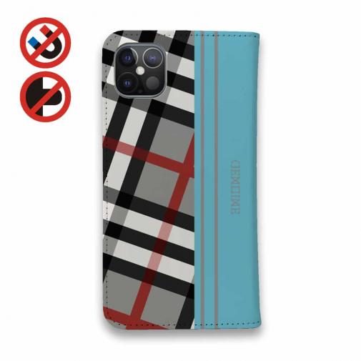 【Genuine】【手帳型ベルトなし】【Stick Case】チェック柄　グレー＆ブルー