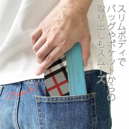 【Genuine】【手帳型ベルトなし】【Stick Case】チェック柄　グレー＆ブルー
