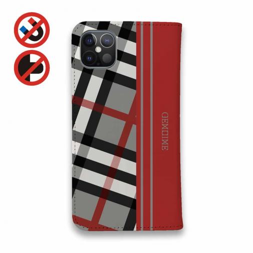 【Genuine】【手帳型ベルトなし】【Stick Case】チェック柄　グレー＆レッド