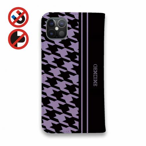 【Genuine】【手帳型ベルトなし】【Stick Case】千鳥柄　ブラック＆パープル