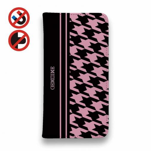 【Genuine】【手帳型ベルトなし】【Stick Case】千鳥柄　ブラック＆ピンク
