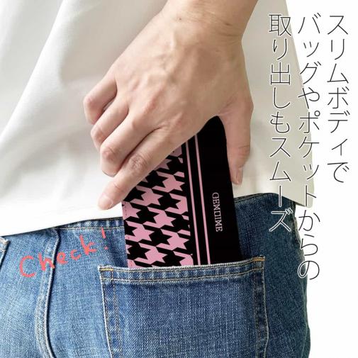 【Genuine】【手帳型ベルトなし】【Stick Case】千鳥柄　ブラック＆ピンク