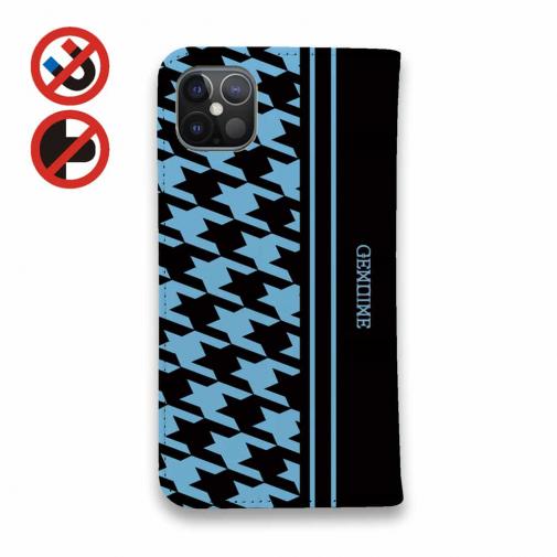 【Genuine】【手帳型ベルトなし】【Stick Case】千鳥柄　ブラック＆ブルー