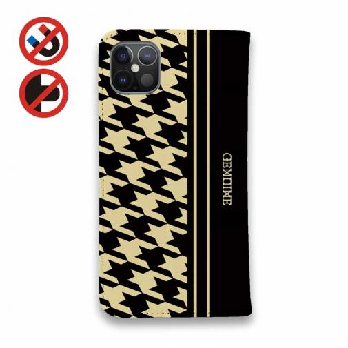 【Genuine】【手帳型ベルトなし】【Stick Case】千鳥柄　ブラック＆ベージュ