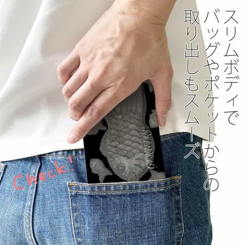 【Genuine】【手帳型ベルトなし】【Stick Case】たいやき　ブラック＆ブラック