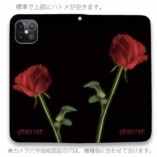 【Genuine】【手帳型ベルトなし】【Stick Case】薔薇 　赤　黒