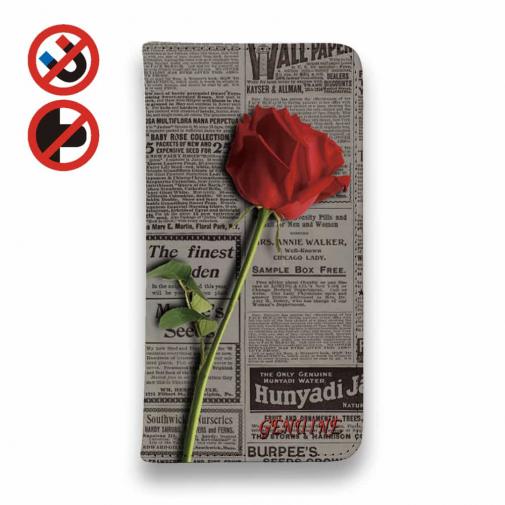 【Genuine】【手帳型ベルトなし】【Stick Case】薔薇  英字 新聞