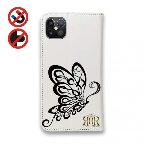 【ROMI HIME】【手帳型ベルトなし】【Stick Case】蝶 花 花柄 レトロ ホワイト