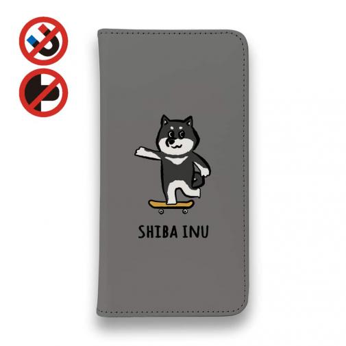 【手帳型ベルトなし】【Stick Case】【ワカボンド】WAKAMAKAシリーズ 柴犬スケボー_黒柴