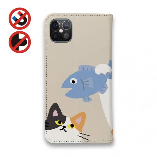 【手帳型ベルトなし】【Stick Case】サカナもってワーイなネコ_三毛猫(wakat)