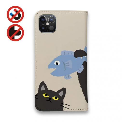 【手帳型ベルトなし】【Stick Case】サカナもってワーイなネコ_黒猫(wakat)