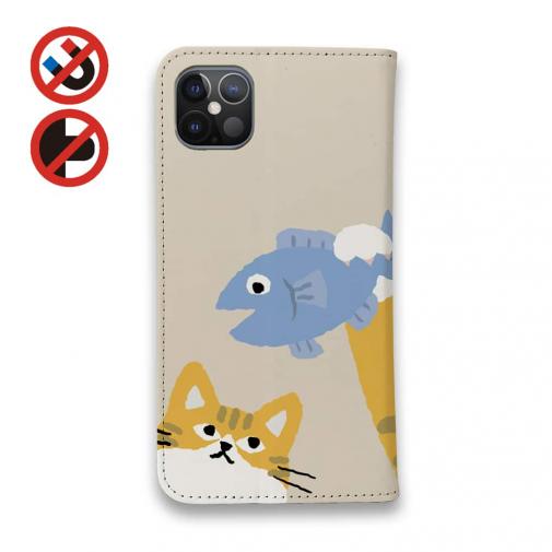 【手帳型ベルトなし】【Stick Case】サカナもってワーイなネコ_茶白猫(wakat)