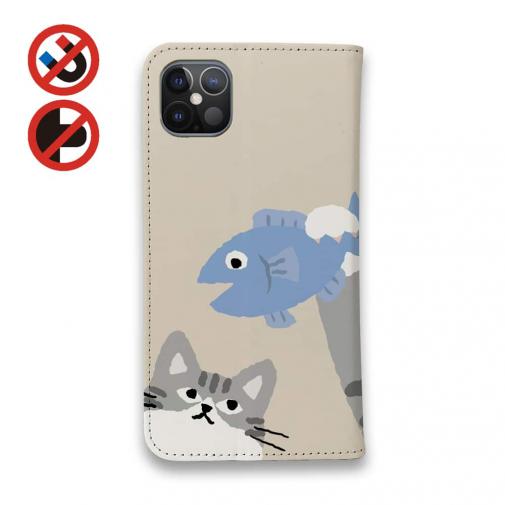 【手帳型ベルトなし】【Stick Case】サカナもってワーイなネコ_サバ白猫(wakat)