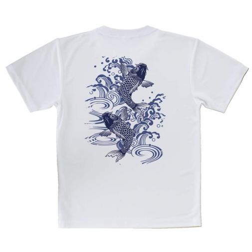 【Tシャツ】タトゥー風昇り鯉　ブルー&ホワイト