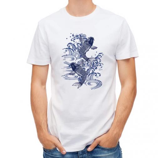 【Tシャツ】タトゥー風昇り鯉　ブルー&ホワイト