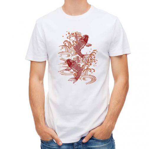 【Tシャツ】タトゥー風昇り鯉　レッド&ホワイト