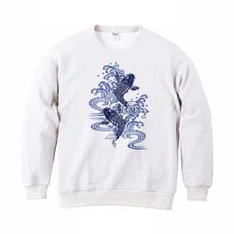 【トレーナー】タトゥー風昇り鯉　ブルー&ホワイト 8.4oz Cotton:100%
