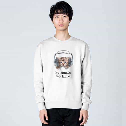 【トレーナー】猫だってNo Music No Life 8.4oz Cotton:100%